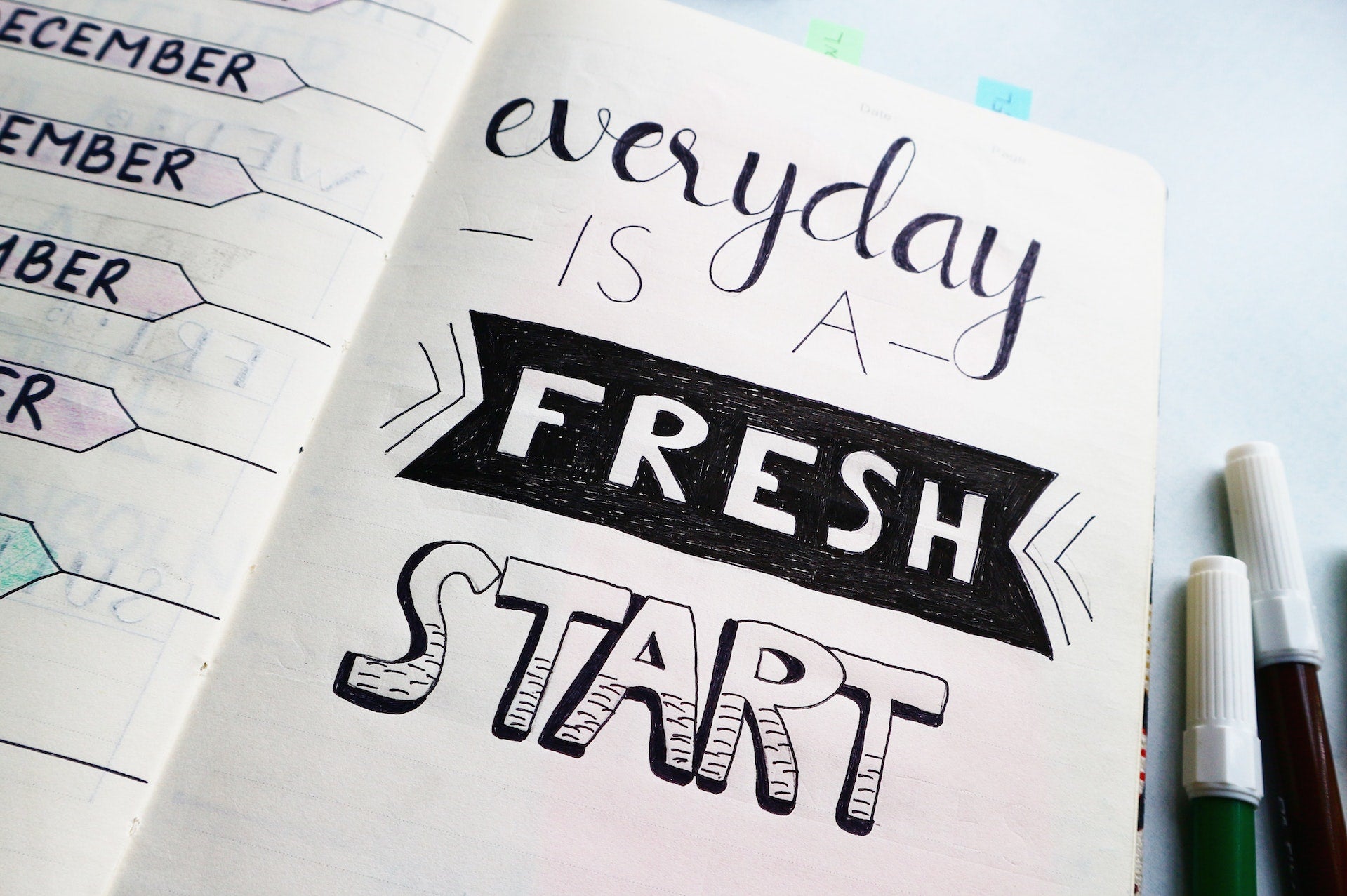 Everyday is a fresh start quote lettered into a blank page bullet journal notebook cute bujo stationery